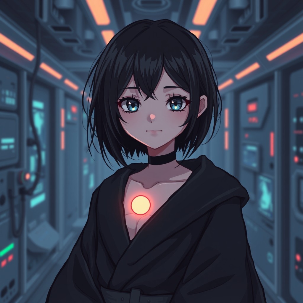 In a captivating 64x64 pixel art style, a shy alt girl with striking black hair and grey eyes is depicted as a synthetic human within a high-tech laboratory