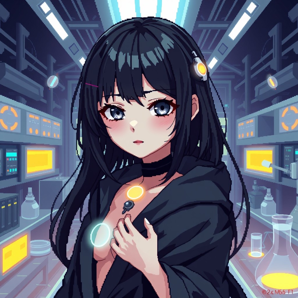 In a 64x64 pixel art style, a shy alt girl with captivating black hair and striking grey eyes is illustrated as a synthetic human within a futuristic high-tech laboratory
