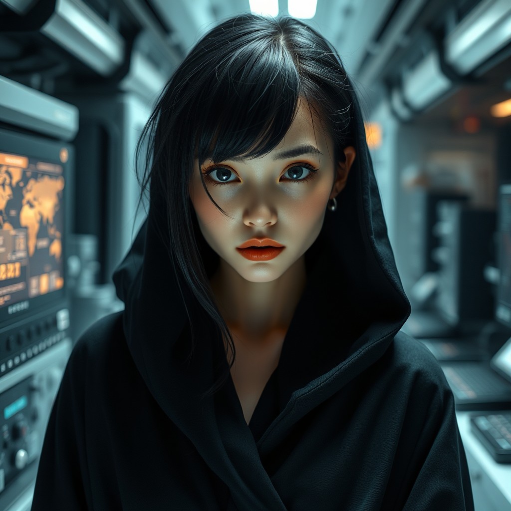A shy, cyber girl with black hair and grey eyes, depicted as a synthetic human in a high-tech laboratory