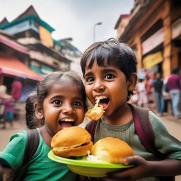 A boy and a girl joyfully nibbling on vadapav, a popular Indian snack, amid a vibrant cityscape