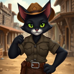 An anthropomorphic female black cat dressed in a sheriff uniform, displaying a confident and assertive pose