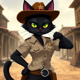 An anthropomorphic female black cat dressed in a sheriff uniform, displaying a confident and assertive pose