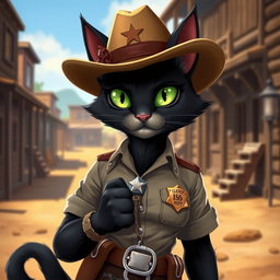 An anthropomorphic female black cat dressed in a sheriff uniform, displaying a confident and assertive pose