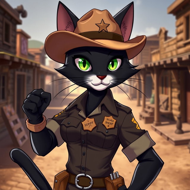 An anthropomorphic female black cat dressed in a sheriff uniform, displaying a confident and assertive pose