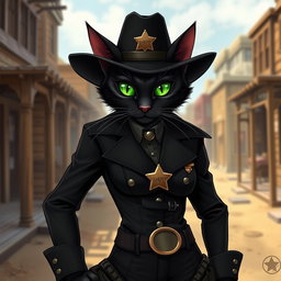 An anthropomorphic female black cat wearing a sleek black sheriff uniform, exuding a sense of mystery and authority