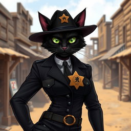 An anthropomorphic female black cat wearing a sleek black sheriff uniform, exuding a sense of mystery and authority