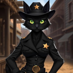 An anthropomorphic female black cat wearing a sleek black sheriff uniform, exuding a sense of mystery and authority