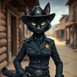 An anthropomorphic female black cat wearing a sleek black sheriff uniform, exuding a sense of mystery and authority