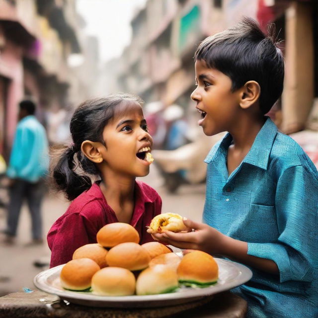 A boy and a girl joyfully nibbling on vadapav, a popular Indian snack, amid a vibrant cityscape