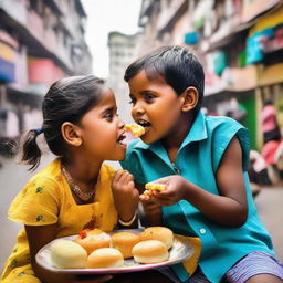 A boy and a girl joyfully nibbling on vadapav, a popular Indian snack, amid a vibrant cityscape