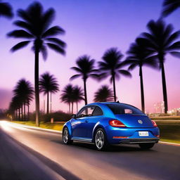 An indigo blue Volkswagen New Beetle speeding on a night-time highway, surrounded by silhouetted palm trees and reflective neon lights.