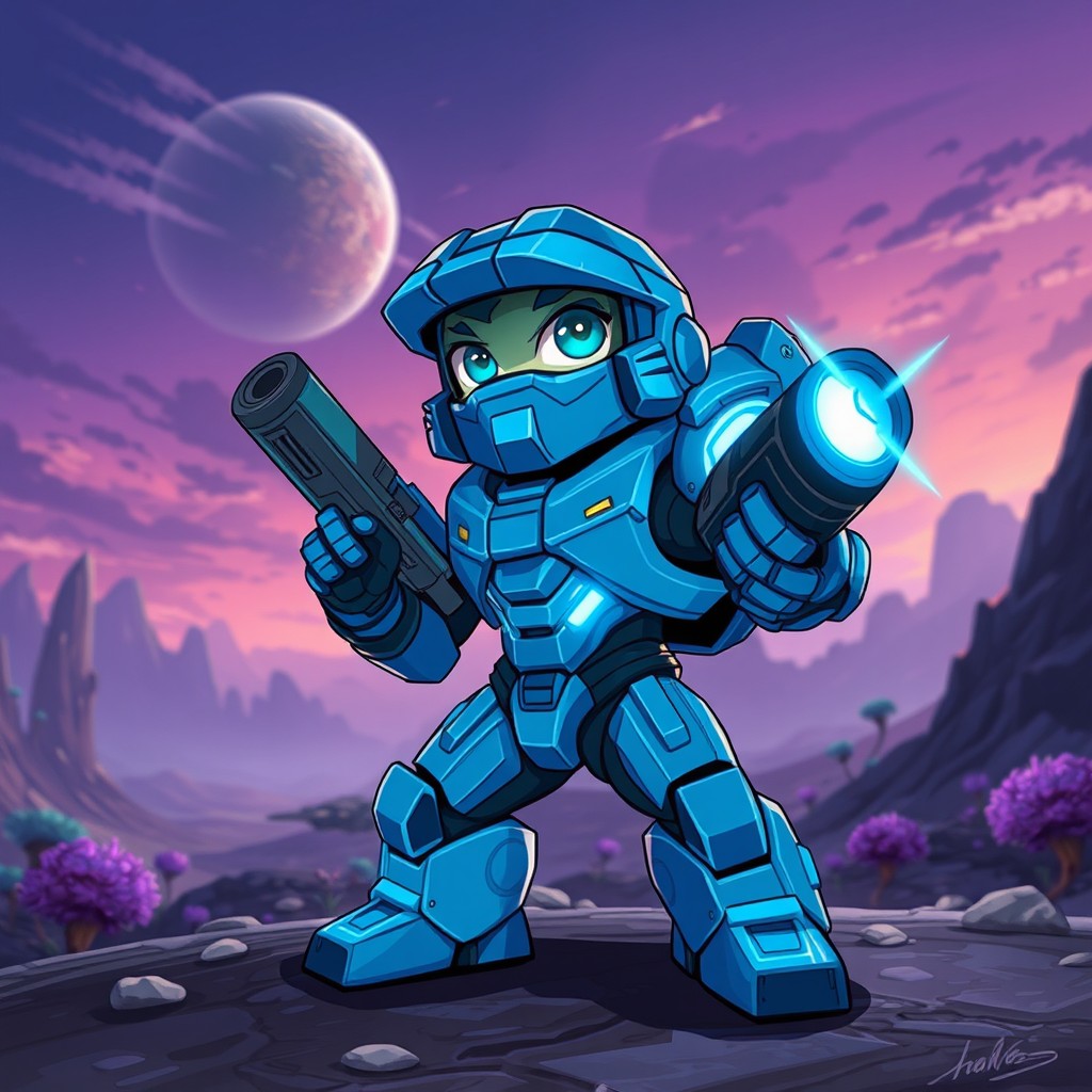 A blue halo grunt character, vibrant and cartoonish, showcasing its unique design with exaggerated features
