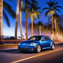 An indigo blue Volkswagen New Beetle speeding on a night-time highway, surrounded by silhouetted palm trees and reflective neon lights.