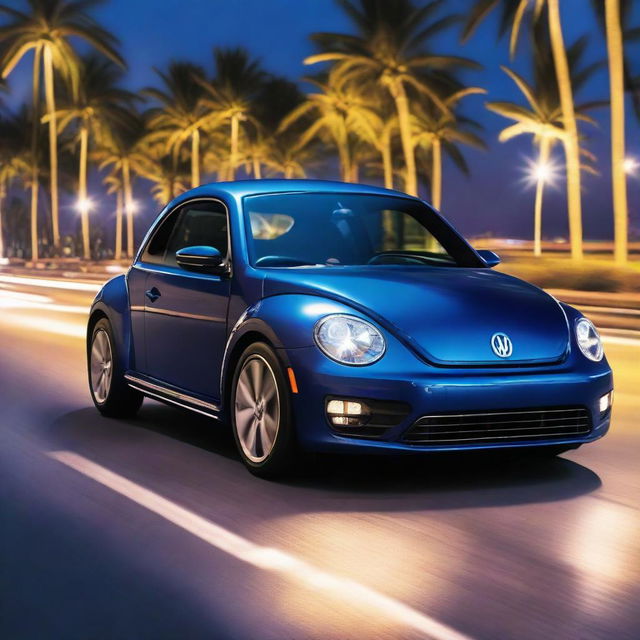 An indigo blue Volkswagen New Beetle speeding on a night-time highway, surrounded by silhouetted palm trees and reflective neon lights.