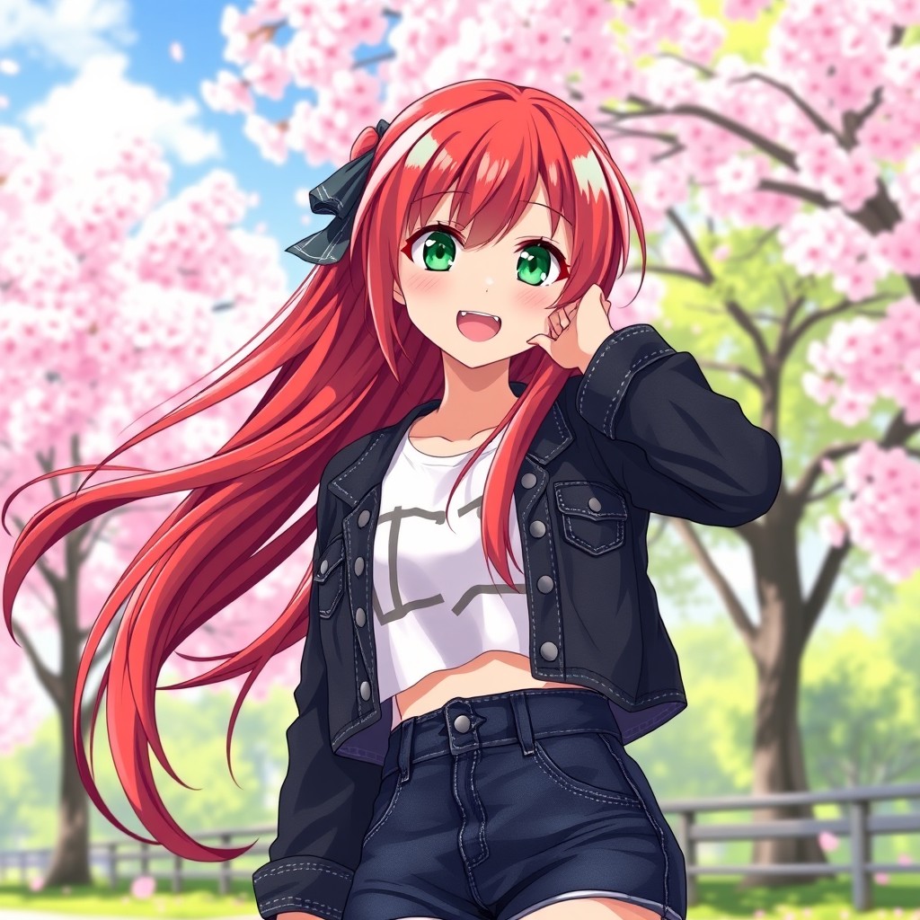 A vibrant red-haired anime girl, with striking emerald green eyes and a playful smile