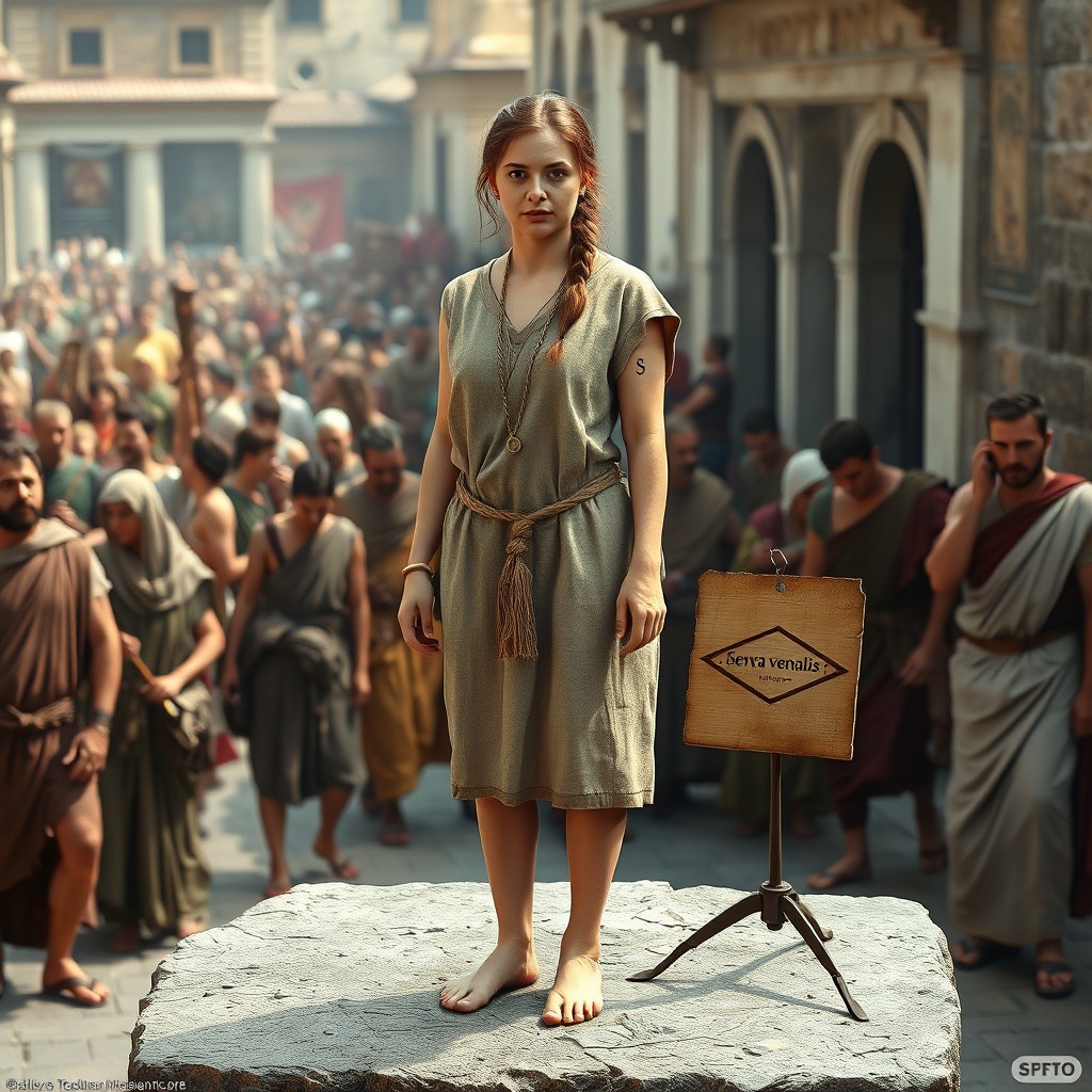 A photorealistic depiction of a Roman slave woman in her late thirties, standing barefoot on a stone platform in the midst of a bustling Roman marketplace, displayed for sale