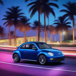 An indigo blue Volkswagen New Beetle speeding on a night-time highway, surrounded by silhouetted palm trees and reflective neon lights.