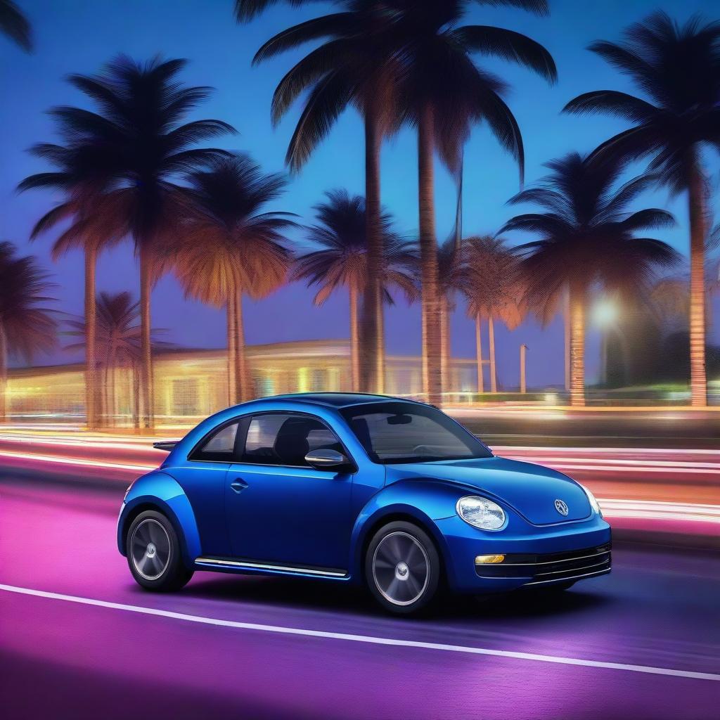 An indigo blue Volkswagen New Beetle speeding on a night-time highway, surrounded by silhouetted palm trees and reflective neon lights.