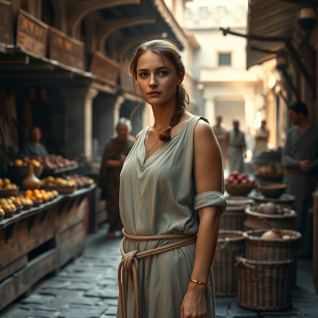 A photorealistic image of a Roman slave woman in her late thirties, standing barefoot in an ancient Roman marketplace