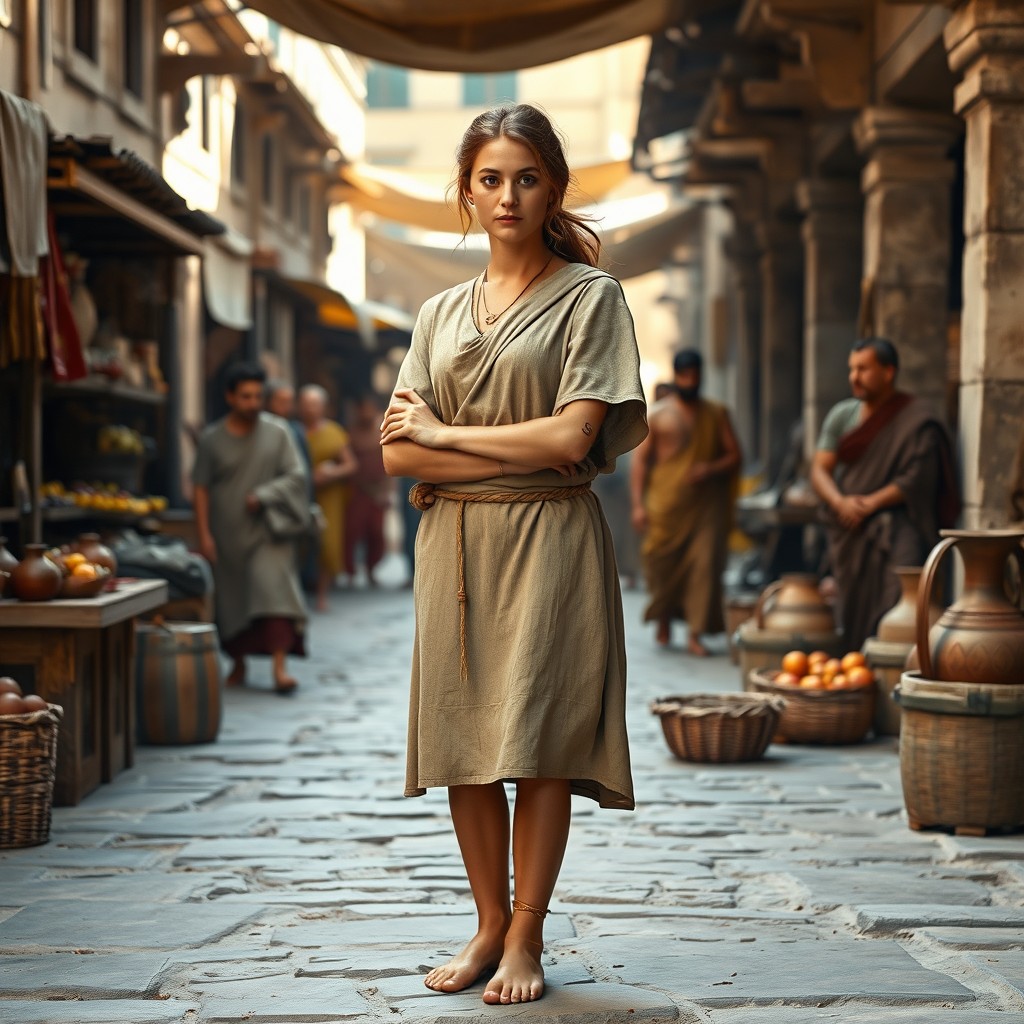 A photorealistic image of a Roman slave woman in her late thirties, standing barefoot in an ancient Roman marketplace