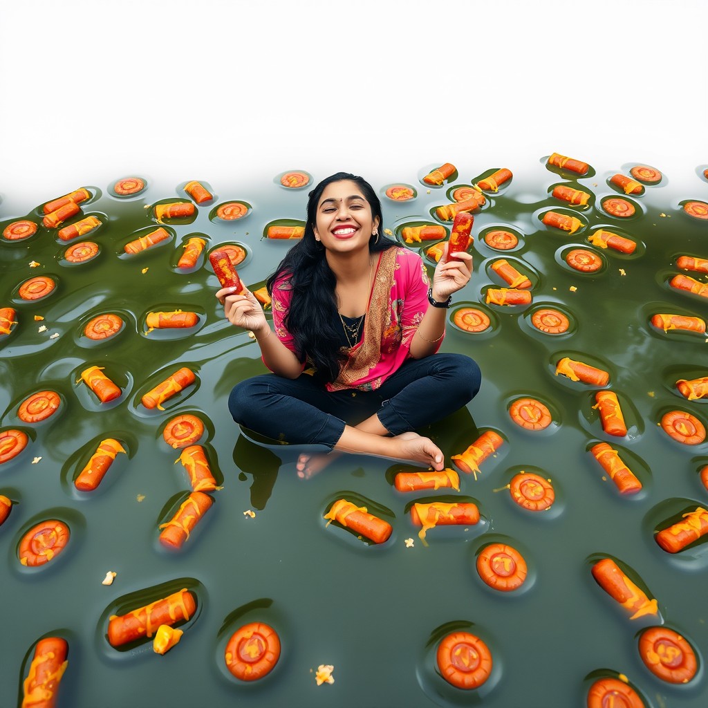 A beautiful young Pakistani woman, 18 years old, sitting cross-legged with a joyful smile and her eyes closed, floating gracefully on a quirky and unique pond