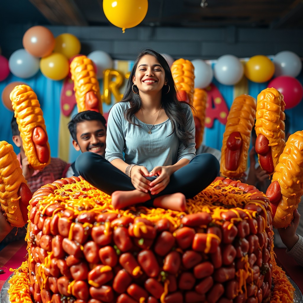 A young, attractive Pakistani woman, 18 years old, sitting cross-legged on top of a large birthday cake made entirely of cheesy kielbasas