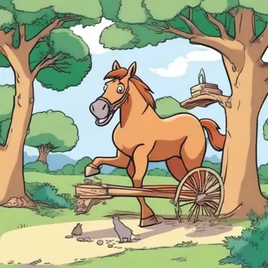 In the cartoon, the horse's whiffletree snapped and the cart crashed into a tree.