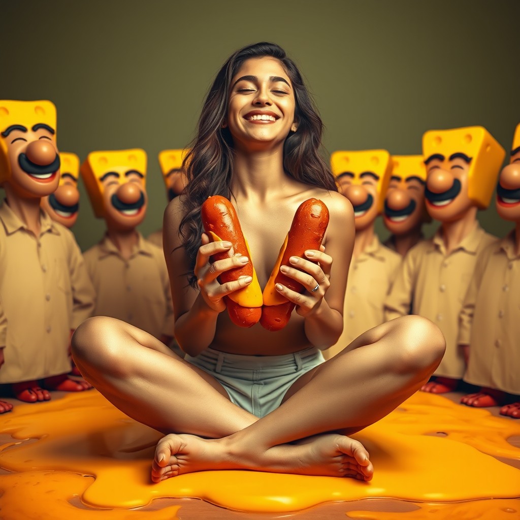 A vibrant and whimsical scene featuring a hot young Pakistani woman, 18 years old, sitting cross-legged with a bright smile and her eyes closed