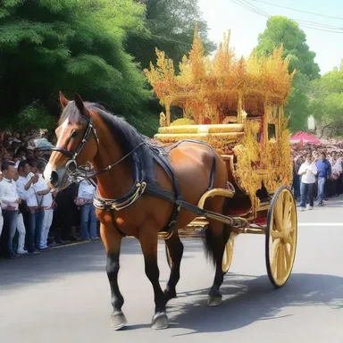The religious procession featured a horse pulling a carriage with a golden whiffletree.