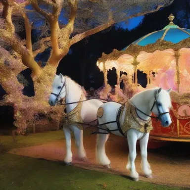 The magical realm was filled with enchanted creatures, including horses with sparkling whiffletrees attached to their carriages.