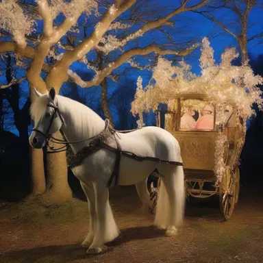 The magical realm was filled with enchanted creatures, including horses with sparkling whiffletrees attached to their carriages.