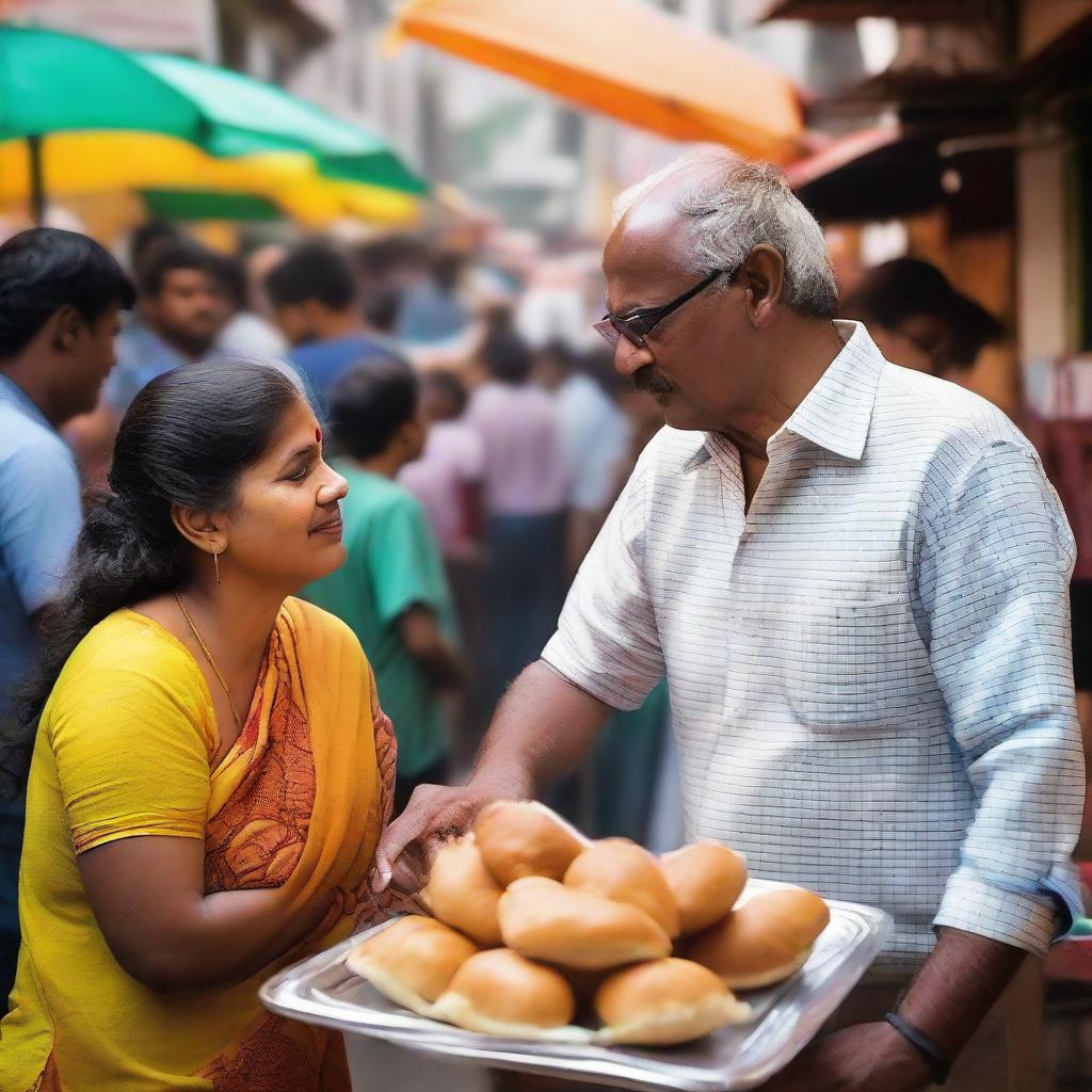 A lady and a man indulging in the taste of vadapav, an iconic Indian fast food, at a bustling street market