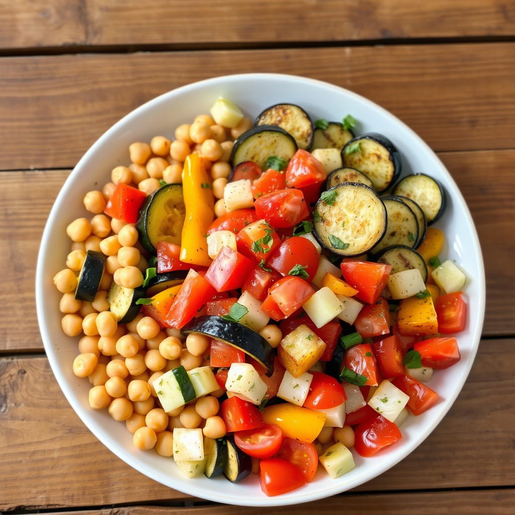 A beautifully arranged serving plate featuring a vibrant mixture of ingredients: boiled chickpeas, grilled colorful bell pepper slices, grilled zucchini slices, grilled eggplant slices, diced tomatoes, and diced cucumbers, all mixed together as a fresh and colorful salad