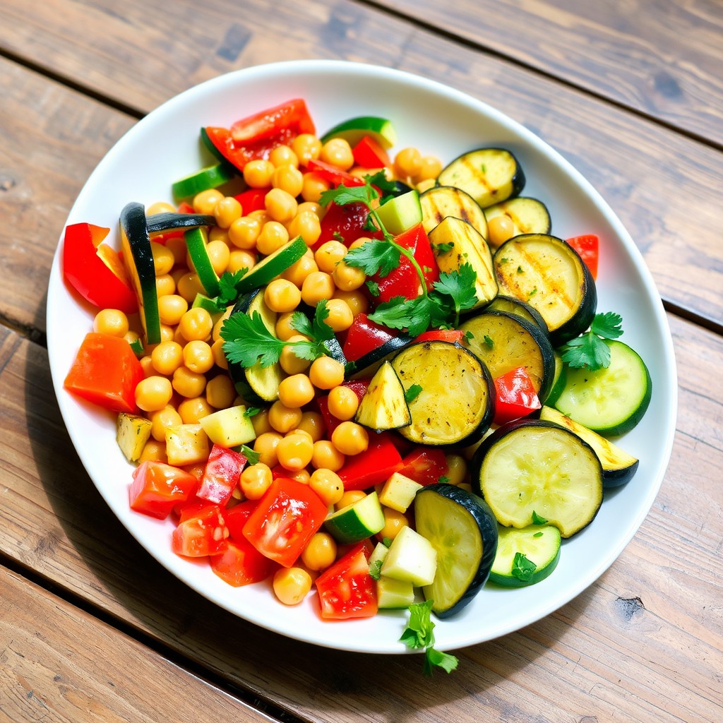 A beautifully arranged serving plate featuring a vibrant mixture of ingredients: boiled chickpeas, grilled colorful bell pepper slices, grilled zucchini slices, grilled eggplant slices, diced tomatoes, and diced cucumbers, all mixed together as a fresh and vibrant salad