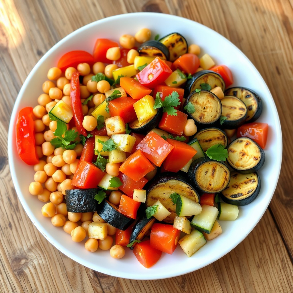 A beautifully arranged serving plate featuring a vibrant mixture of ingredients: boiled chickpeas, perfectly grilled ripe colorful bell pepper slices, pan-fried grilled zucchini slices, pan-fried grilled eggplant slices, diced tomatoes, and diced cucumbers, all mixed together as a fresh, colorful salad