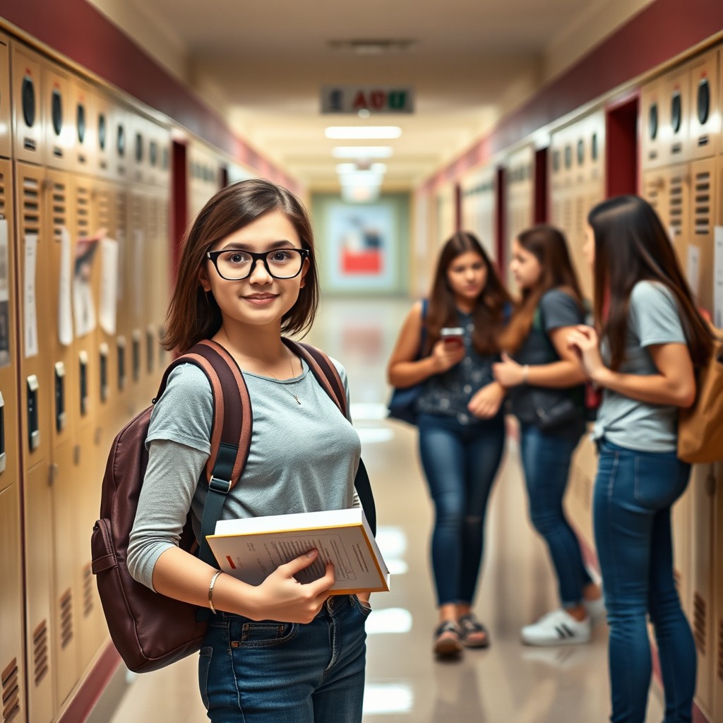 A teenage girl wearing glasses, confidently standing her ground while being confronted by three other teenage girls in the hallway of a campus