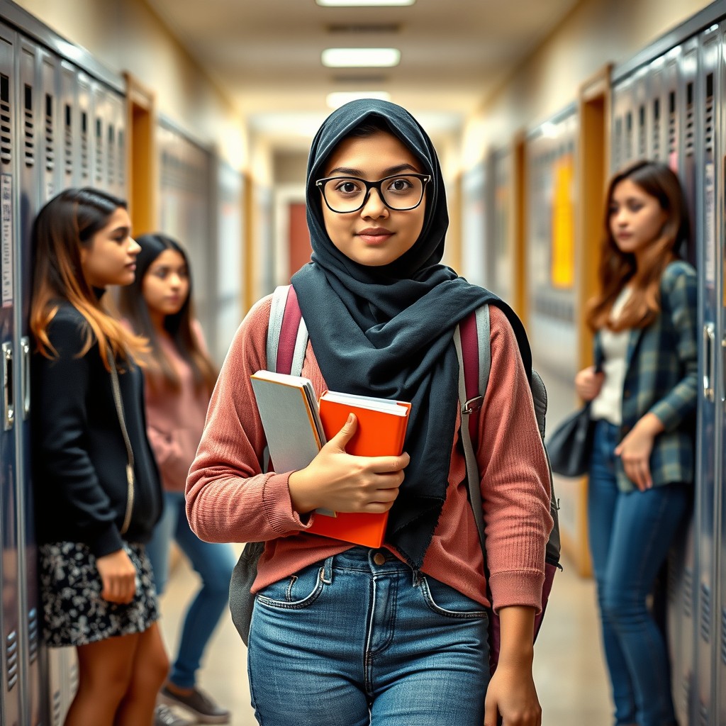 A teenage girl wearing glasses and a hijab, confidently standing her ground while confronted by three other teenage girls in a campus corridor