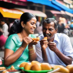 A lady and a man indulging in the taste of vadapav, an iconic Indian fast food, at a bustling street market