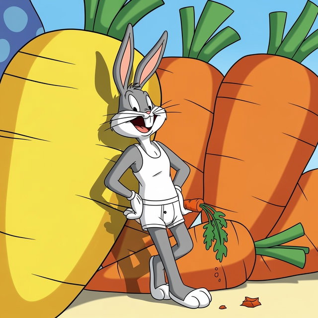 A charming and playful portrayal of Bugs Bunny, the iconic Looney Tunes character, depicted with his signature long ears and cheeky smile, wearing a snug white tank top and white underwear