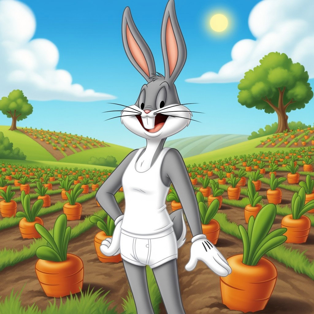 A playful and charming depiction of a male Bugs Bunny from Looney Tunes, presented in a relaxed pose wearing a snug white tank top and white underwear