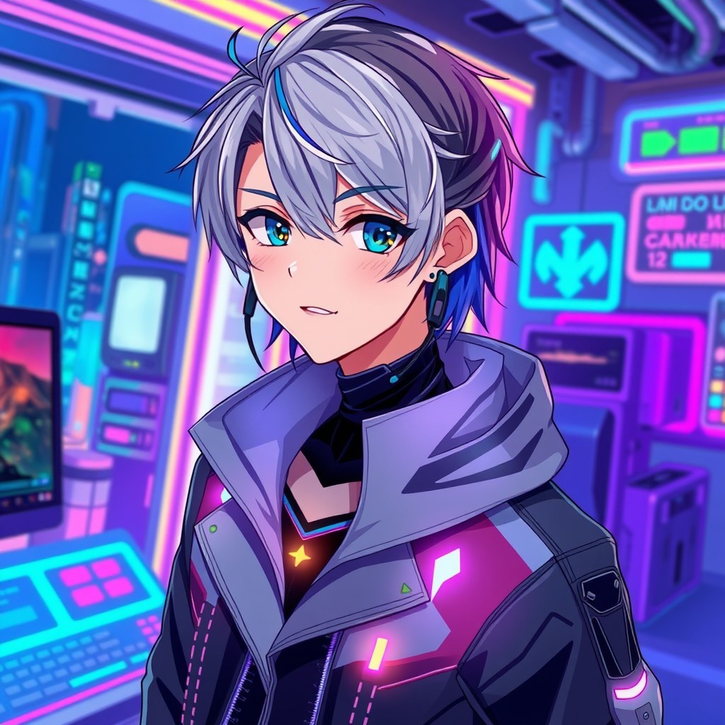 A high-quality anime-style male avatar designed as a VTuber, featuring sharp, expressive eyes and styled medium-length hair in colors like silver, dark blue, or black with a colorful streak
