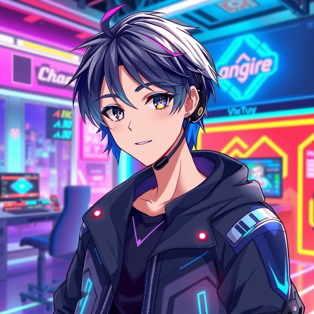 A high-quality anime-style male avatar designed as a VTuber, featuring sharp, expressive eyes and styled medium-length hair in colors like silver, dark blue, or black with a colorful streak
