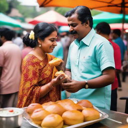 A lady and a man indulging in the taste of vadapav, an iconic Indian fast food, at a bustling street market