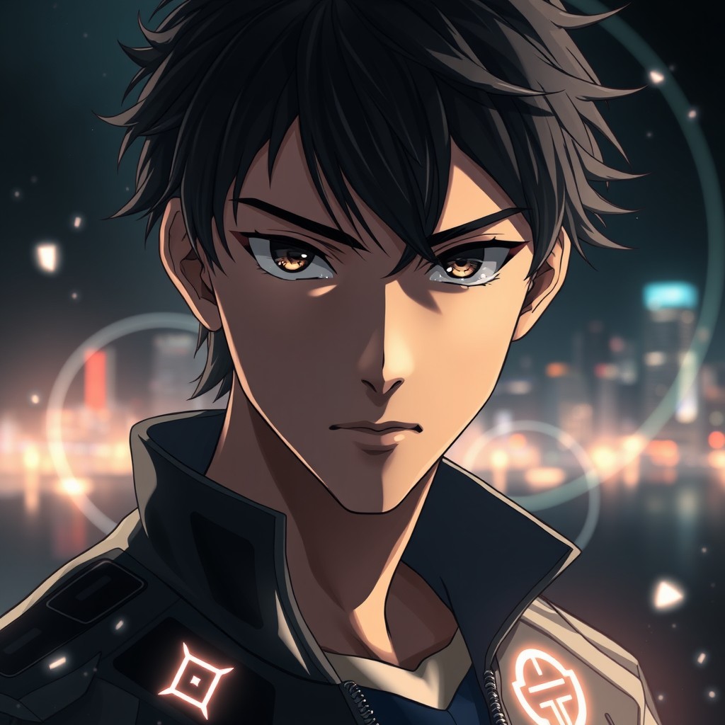 A high-quality, close-up anime-style portrait of a male avatar with a powerful and intense look