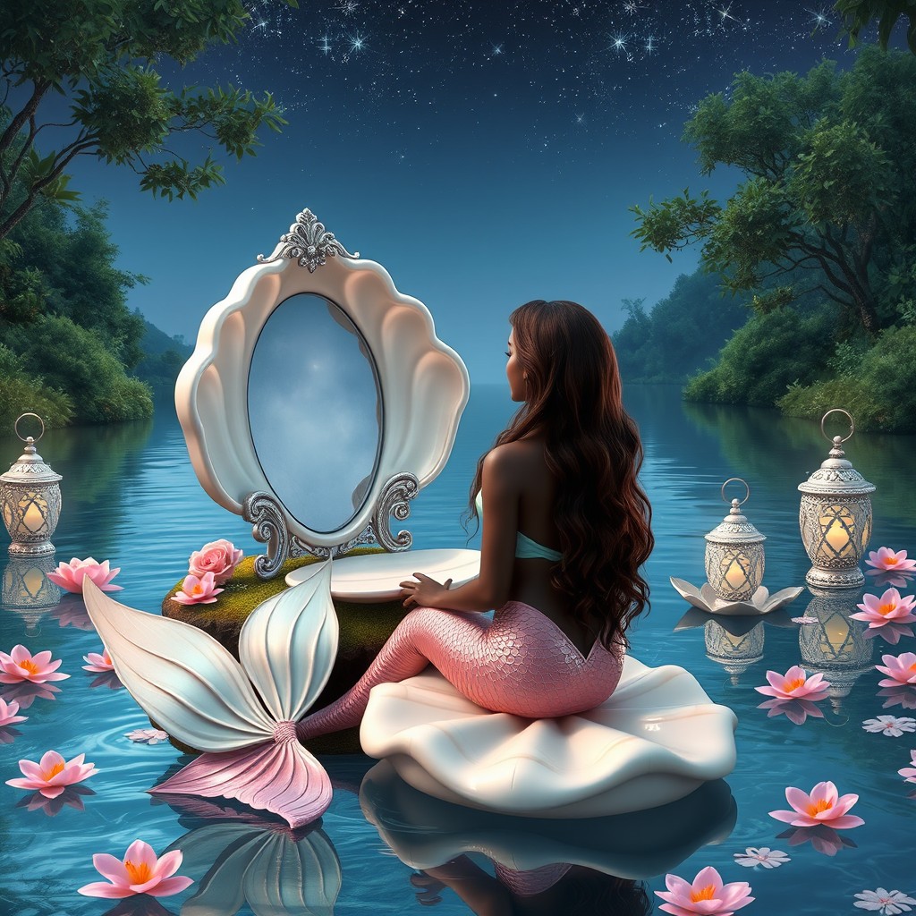 A stunning dark-skinned mermaid with long, curly brown hair and a beautiful light pink tail with iridescent mint green accents
