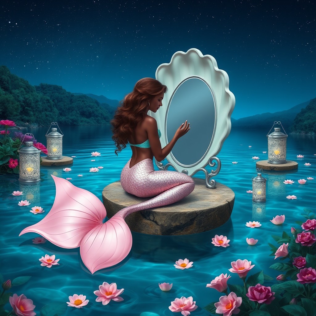 A stunning dark-skinned mermaid with long, curly brown hair, adorned with a beautiful light pink tail featuring iridescent mint green accents