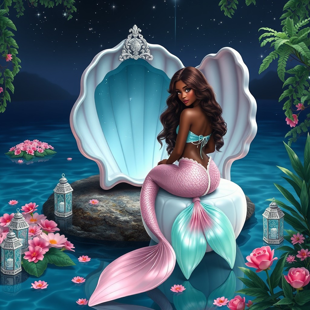 A beautiful dark-skinned mermaid with long, curly brown hair and a stunning light pink tail with iridescent mint green accents