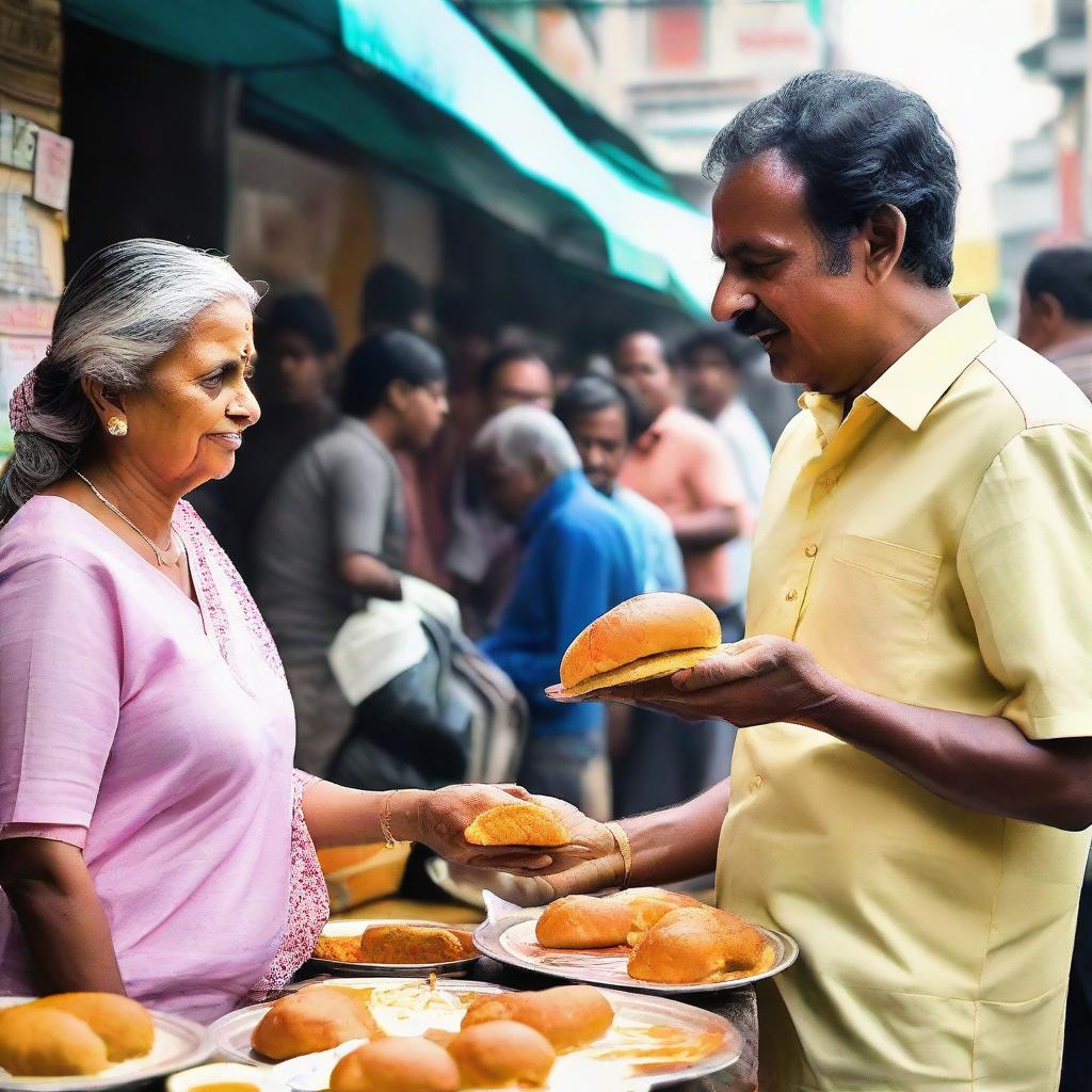 A lady and a man indulging in the taste of vadapav, an iconic Indian fast food, at a bustling street market