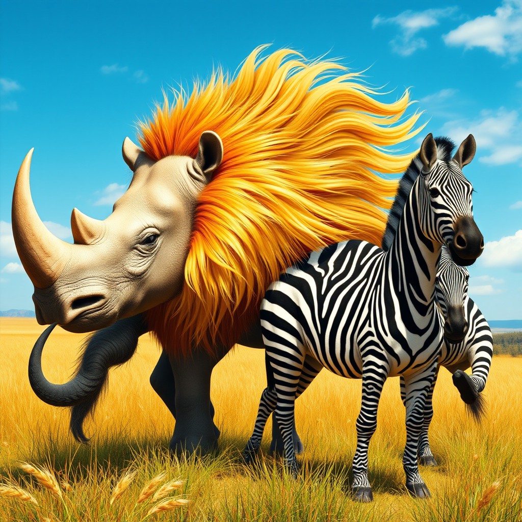 A fantasy scene depicting a chimera that combines elements of a lion, a rhinoceros, and a zebra