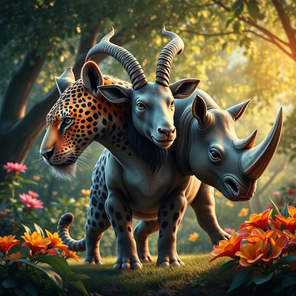 A 3-headed chimera featuring a blend of a leopard, a goat, and a rhino, intricately designed with realistic textures and vibrant colors
